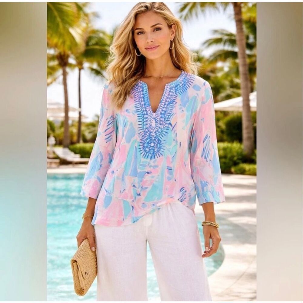 Lilly Pulitzer Amelia Island Tunic Top 100% Silk Colorful Resort Out To Sea Sz S